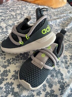 adidas Kids Dark Gray Mesh Sneakers with Lime Green Logo